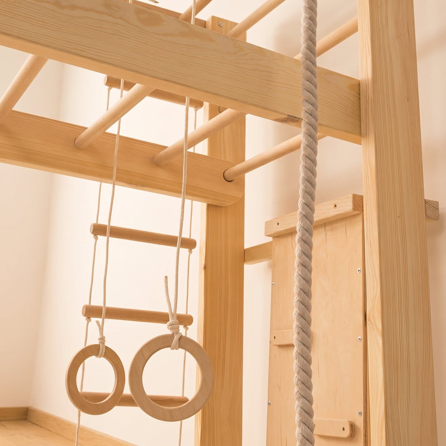 Nahaufnahme der Turnringe an der Belissi Nelo Montessori-Kletterwand