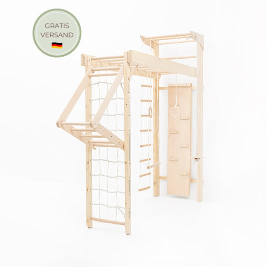 BeLissi Kletterwand Nelo in Montessori-inspirierter Ausstattung im Kinderzimmer, fördert aktive Bewegung und Motorik