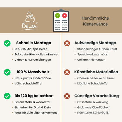 BeLissi Kletterwand Vergleich – Vorteile für Kinder: sichere Materialien, stabile Konstruktion, einfache Montage