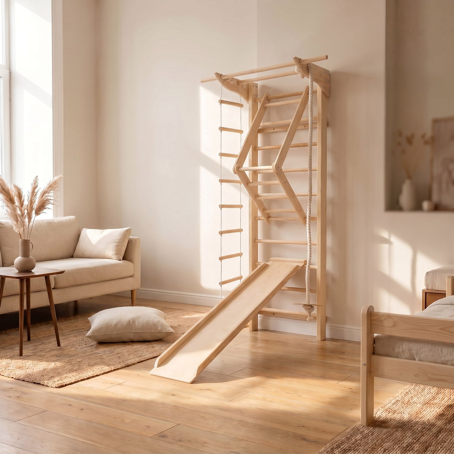 BeLissi Lumi Kletterwand mit Rutsche, Hangeldreieck und Sitzscheibe in kompletter Ausstattung