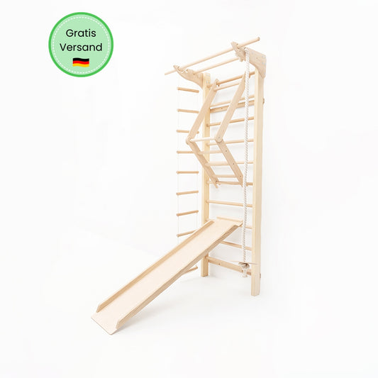 BeLissi Lumi Kletterwand mit Rutsche, Hangeldreieck und Sitzscheibe in kompletter Ausstattung