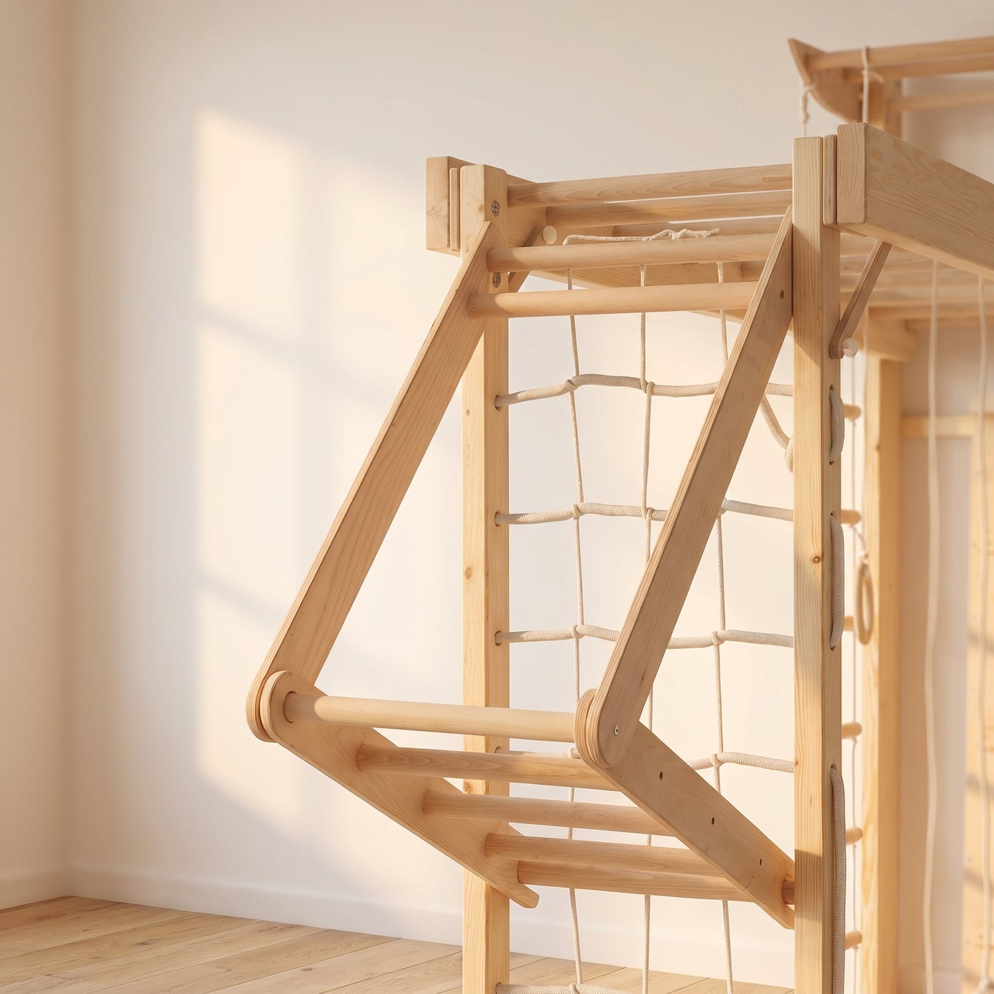 Detailansicht des Hangeldreiecks an der Belissi Nelo Montessori-Kletterwand