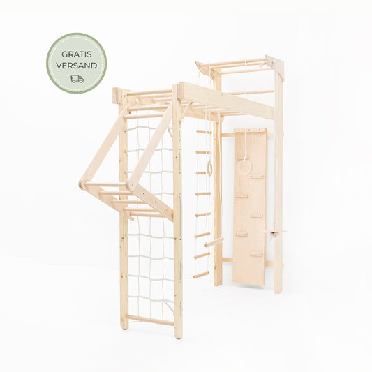 BeLissi Kletterwand Nelo in Montessori-inspirierter Ausstattung im Kinderzimmer, fördert aktive Bewegung und Motorik