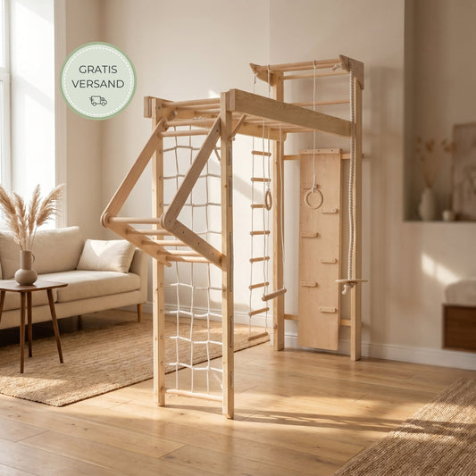 BeLissi Kletterwand Nelo in Montessori-inspirierter Ausstattung im Kinderzimmer, fördert aktive Bewegung und Motorik