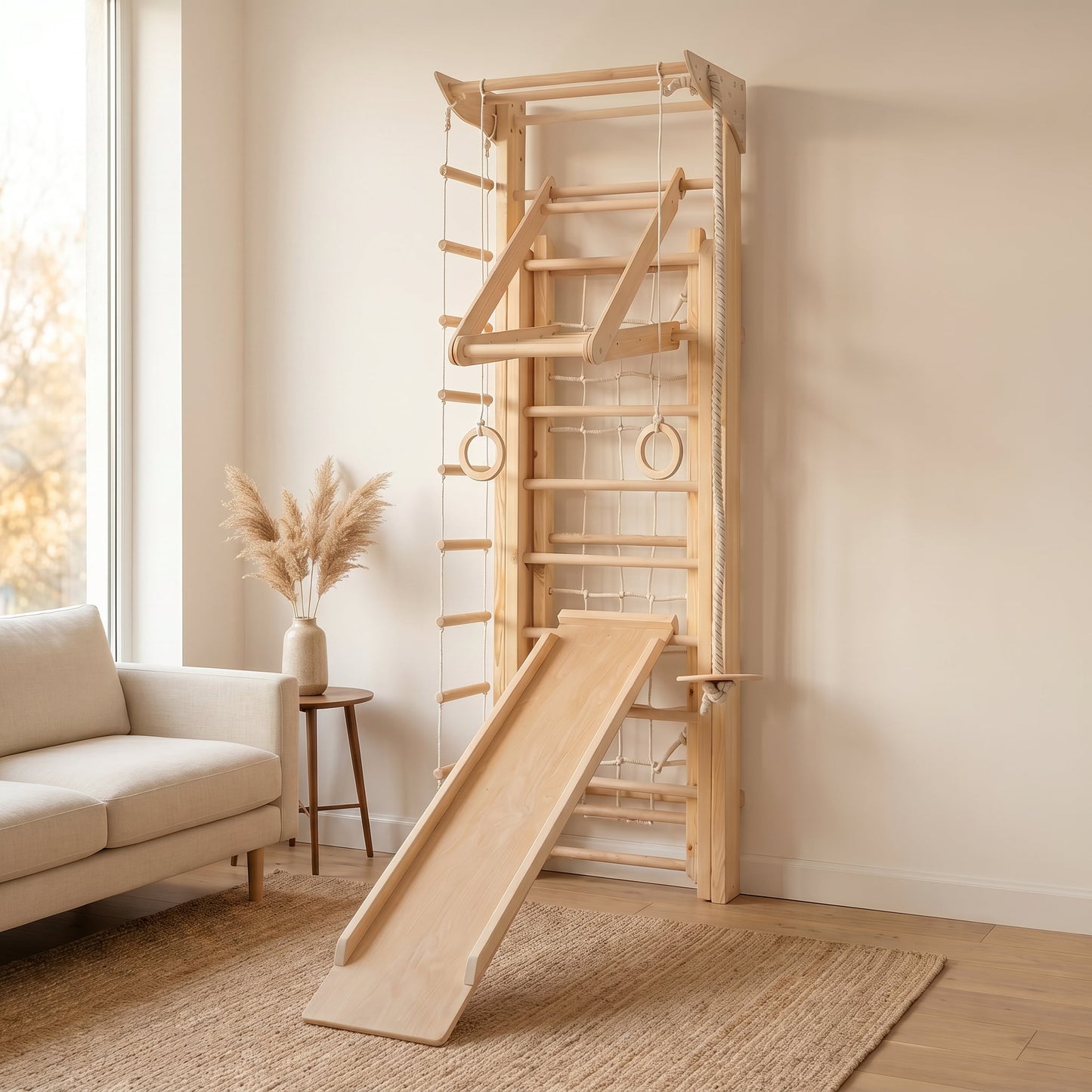Belissi Nelo Kletterwand mit Rutsche und Hangeldreieck in der Seitenansicht