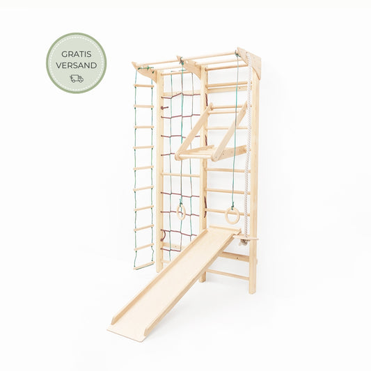 BeLissi Kaya Kletterwand mit Rutsche, Hangeldreieck und Sitzscheibe in kompletter Ausstattung für aktives Spielen