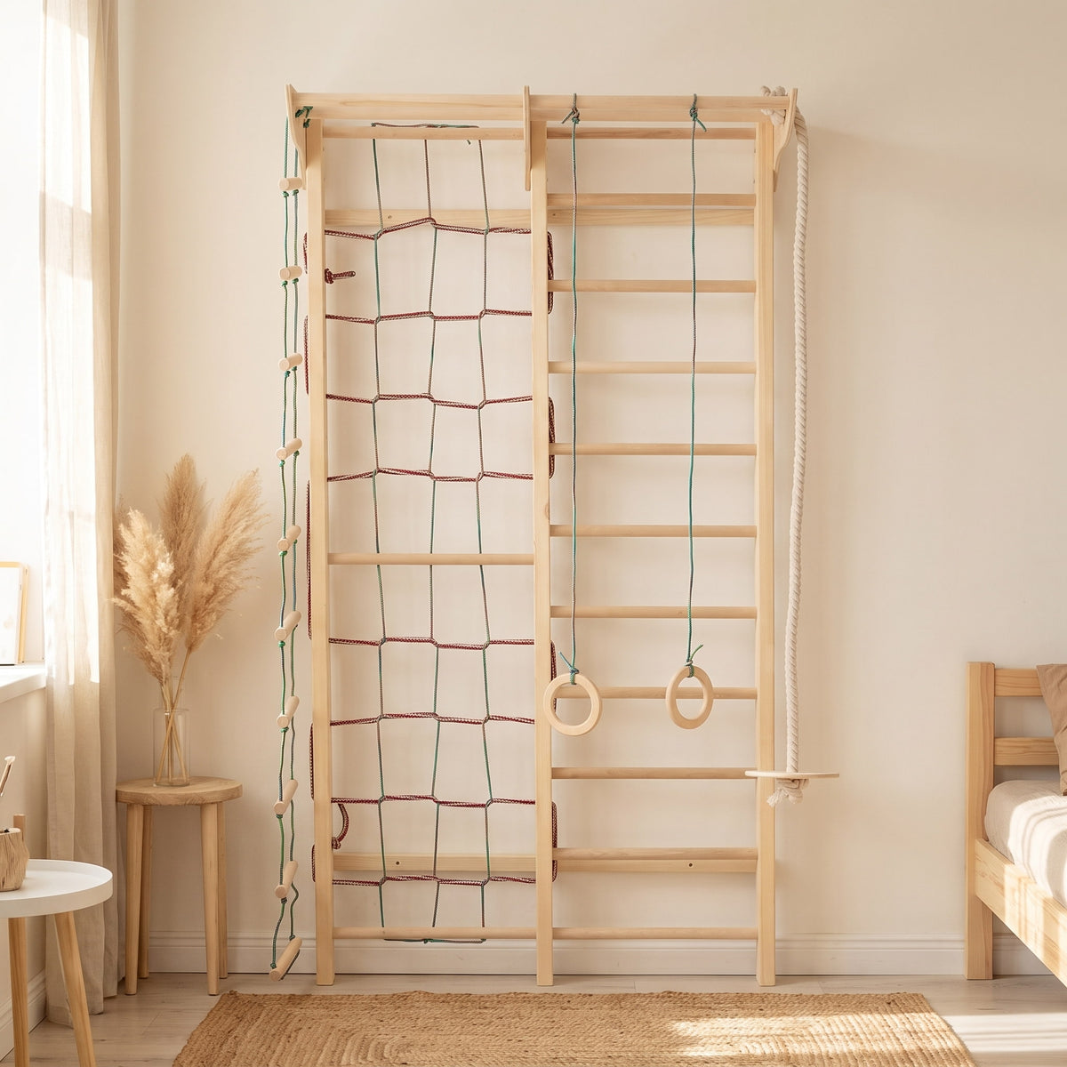 Frontalansicht der BeLissi Kaya Montessori-Kletterwand ohne Zubehör