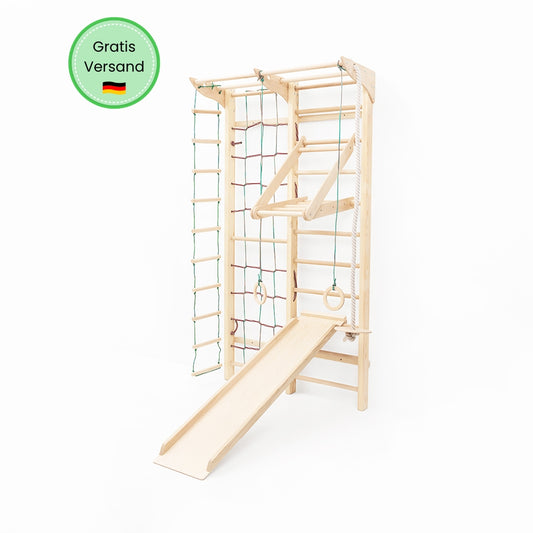 BeLissi Kaya Kletterwand mit Rutsche, Hangeldreieck und Sitzscheibe in kompletter Ausstattung für aktives Spielen