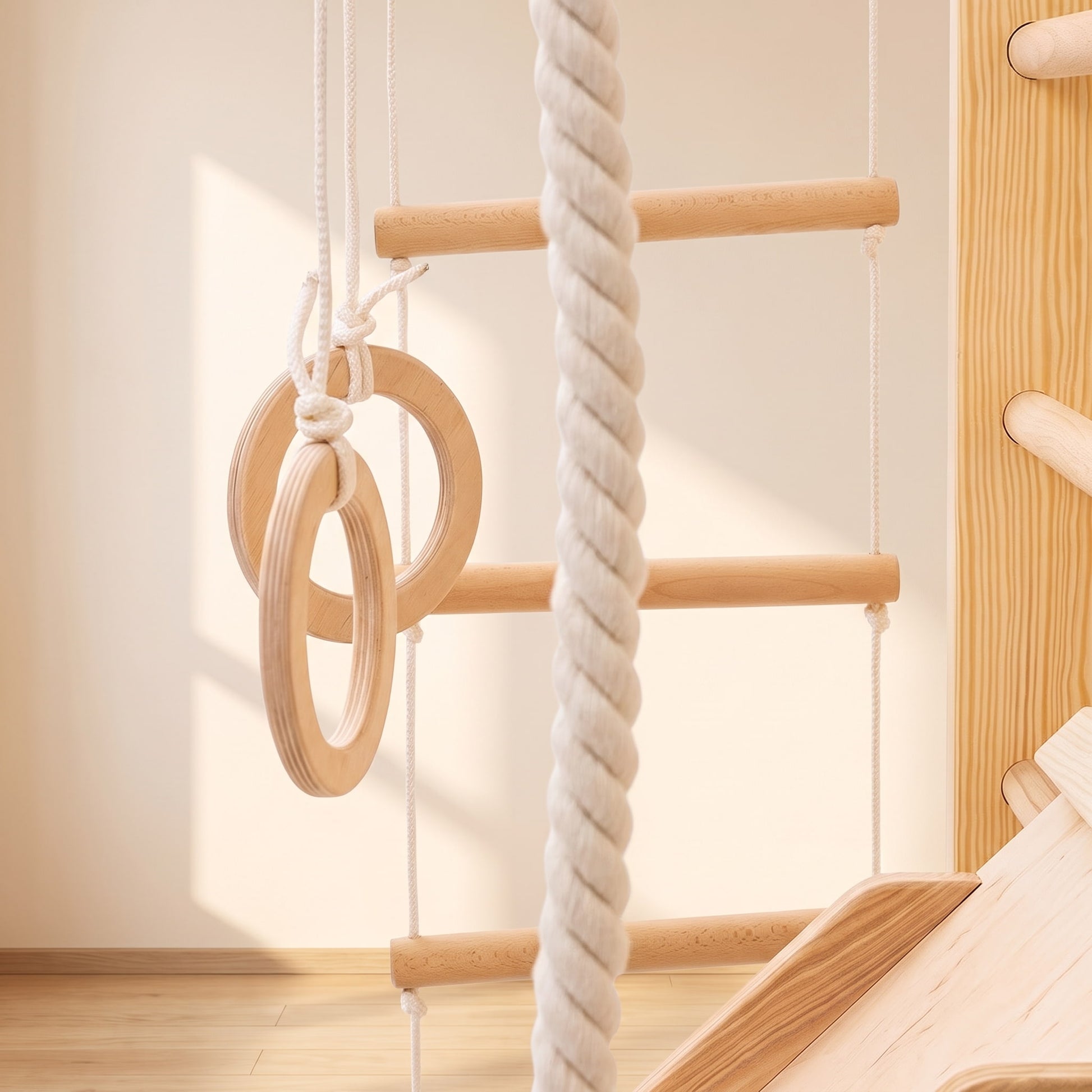 Turnringe und Sitzscheibe an der BeLissi Lumi Kletterwand – motorisches Spielzubehör
